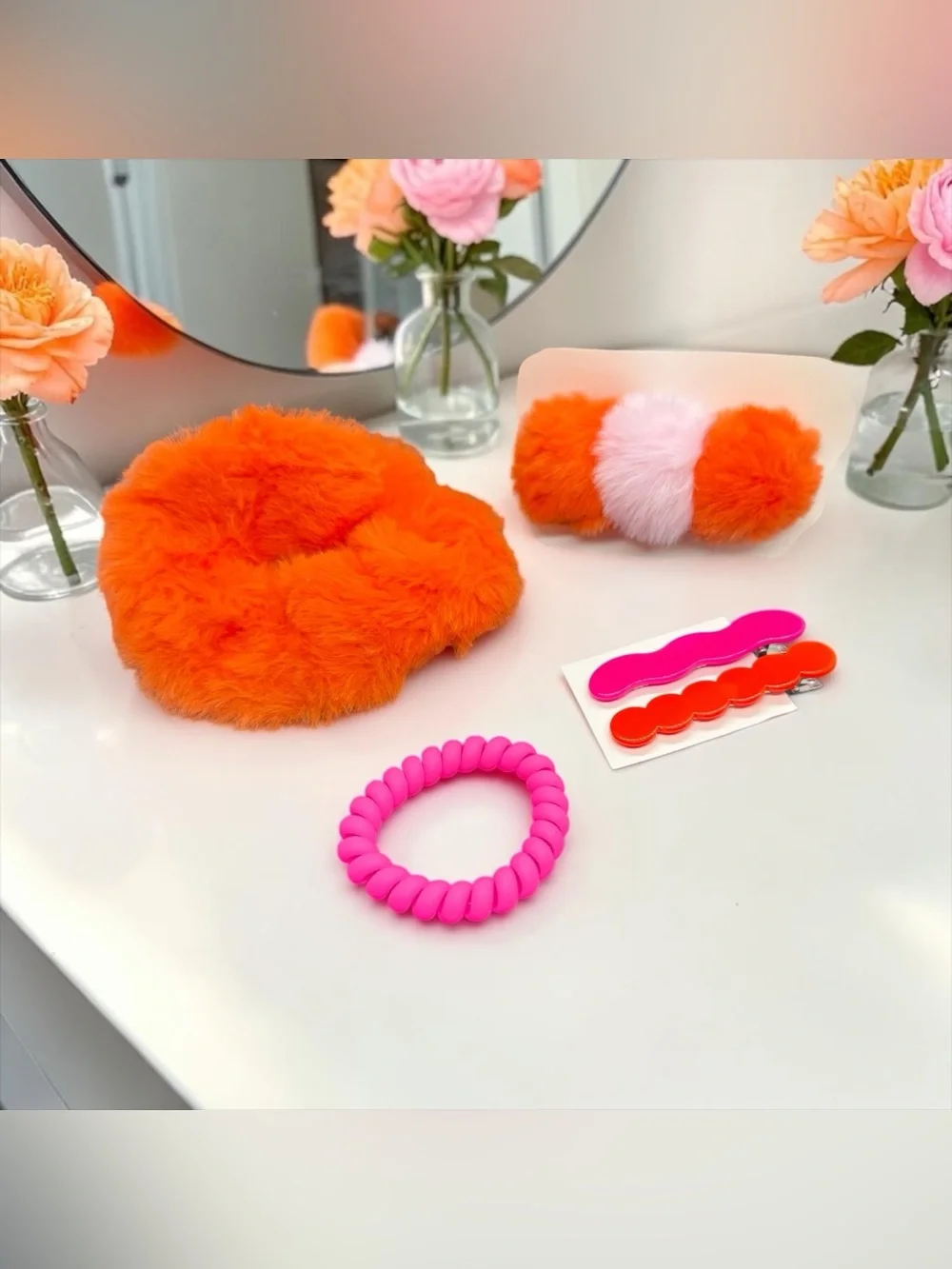 🩷🧡SEPHORA🩷🧡5-Piece Fuzzy Orange & Pink Hair Accessory Set/NIP